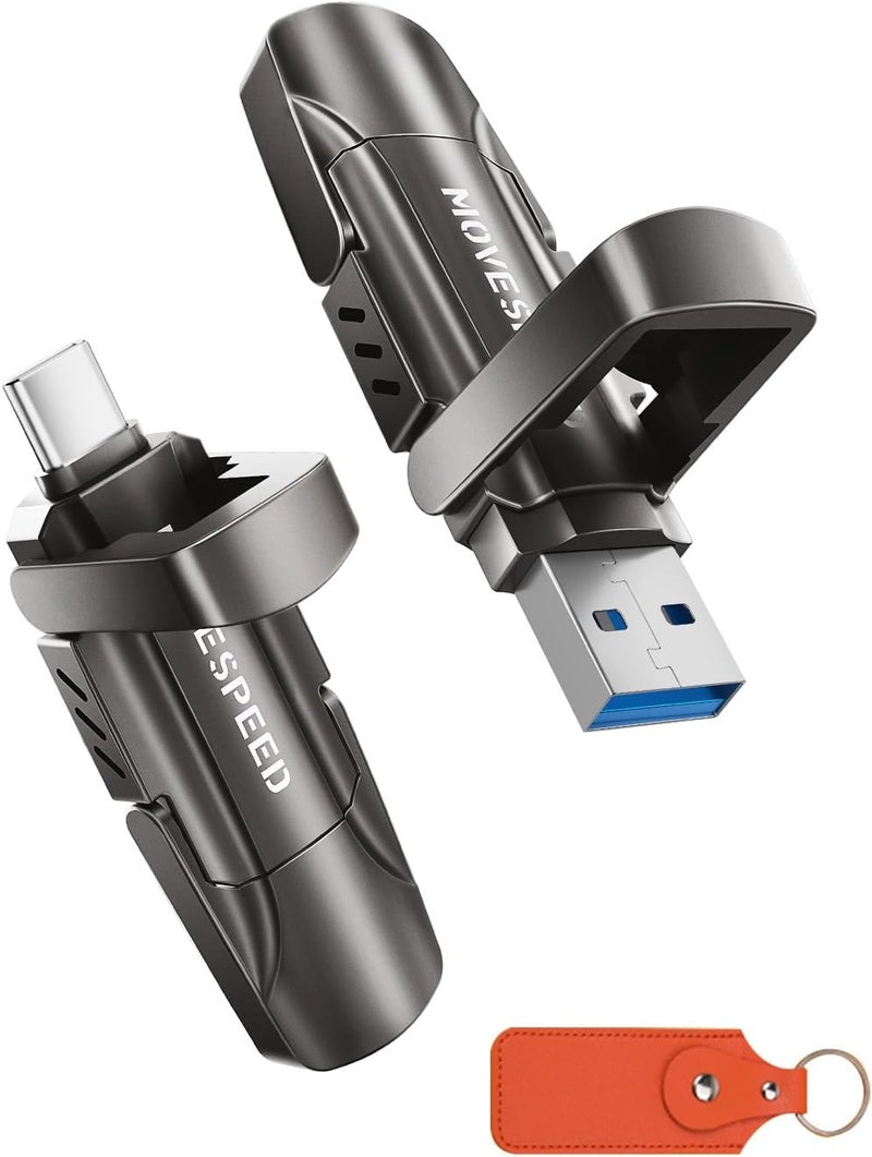 MOVESPEED 512GB Thumb Drive, 1000MB/s Read Write Speed, USB 3.2 Gen2+Type C Dual Interface SSD Drive with Leather Case Memory Stick for iPhone 15, 16, 17 Series/MacBook/Android/Audio etc(1 Pack) - Image 1